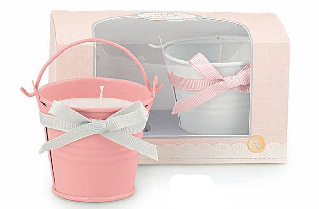 Set 2 Candele con Secchiello e Fiocco - Rosa e Bianco