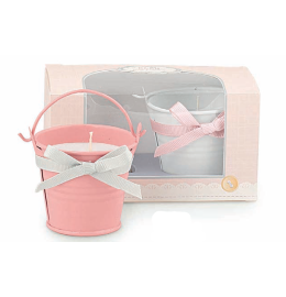 Set 2 Candele con Secchiello e Fiocco - Rosa e Bianco